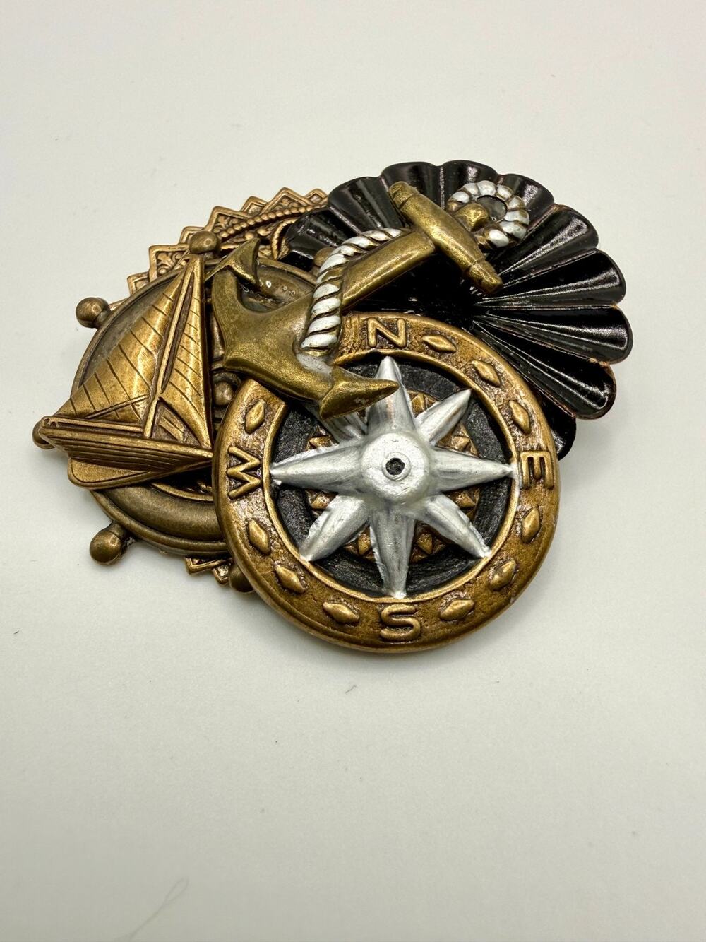 Vintage Multi-Toned Nautical Brooch Lapel Pin Compass Rose Anchor Sailboat